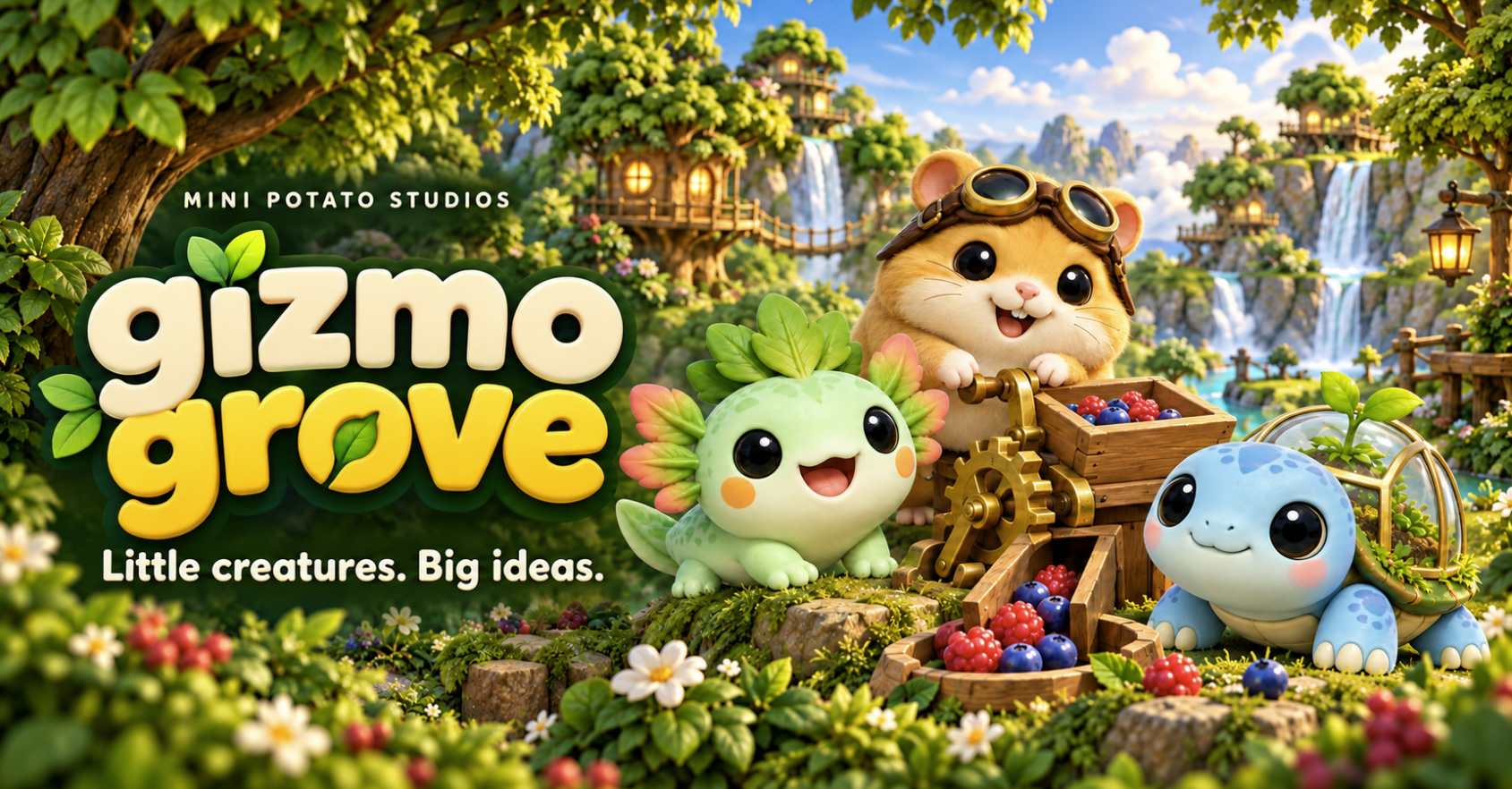 Gizmo Grove: little woodland inventors with a berry machine in a lush grove of treehouses