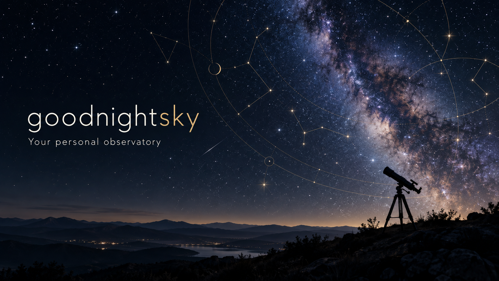 Good Night Sky: a telescope beneath a star-filled midnight sky with gold celestial atlas lines