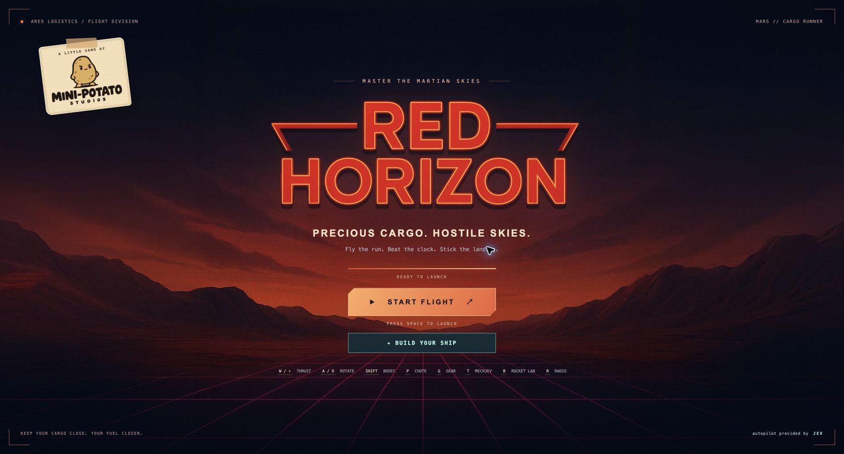 Red Horizon’s title screen overlooking the dramatic red mountains of Mars