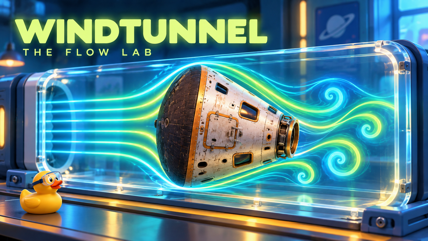 Windtunnel — The Flow Lab: an Apollo capsule surrounded by colorful airflow swirls, with a goggle-wearing rubber duck beside the tunnel
